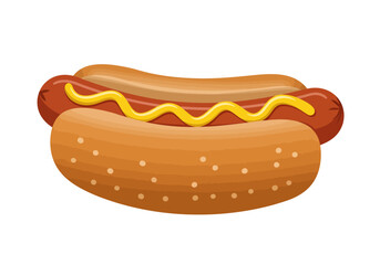 An eyelevel view shows a cartoon hotdog with mustard in a bun