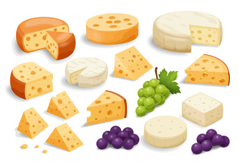 Assorted cheeses and grapes showing different textures colors and shapes spread across a white background
