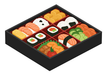 Bento box filled with sushi rice balls egg rolls and other Japanese cuisine elements