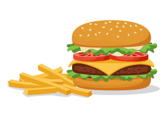 Cartoon hamburger with sesame bun lettuce cheese tomato and patty with a small pile of french fries on the side