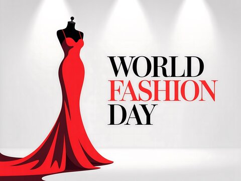 Elegant red gown on mannequin with world fashion day text and spotlights