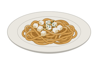 Dish of thick noodles topped with white squares and chopped greens presented on an oval plate