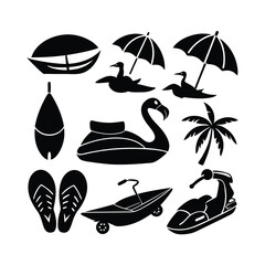Obraz premium Sixteen Jet Skis and Tiki Masks Vibrant Tropical Illustration