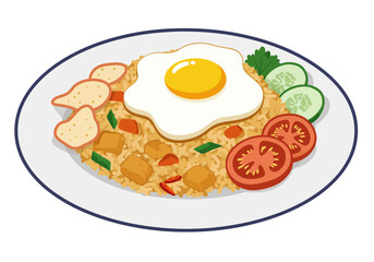 Plate of fried rice topped with an egg crackers sliced tomatoes and cucumbers