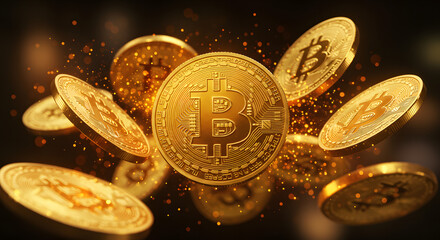 Golden bitcoin coins orbiting in a glittering digital currency explosion