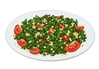 Plate of salad with green leafy vegetables tomatoes and couscous