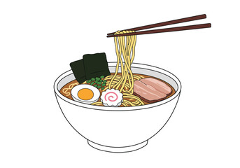 Ramen bowl illustration noodles held by chopsticks egg meat seaweed and scallions