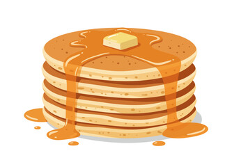 Stack of five pancakes with syrup and butter