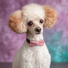 Happy gold poodle puppy with a pink bow tie poses against a soft watercolor background, exuding high fidelity charm and puppy love on display.