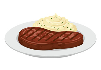 Steak on plate with mashed potatoes and green speckles