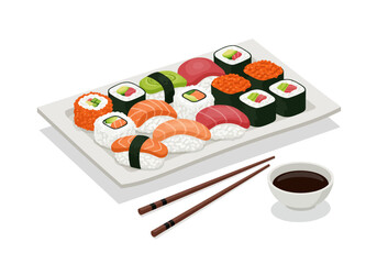 Sushi assortment on white plate chopsticks soy sauce varied toppings