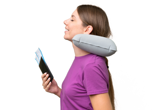 Young beautiful blonde woman with Inflatable travel Pillow over isolated background laughing in lateral position