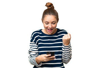 Young blonde woman over isolated chroma key background surprised and sending a message