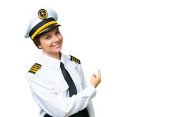 Airplane pilot woman over isolated chroma key background pointing back