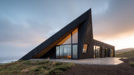 Fototapeta premium Triangular modern cabin with black timber sky-reflecting glass golden hour side lighting across angled walls deep shadows at