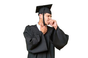Young university graduate caucasian man over isolated background is suffering with cough and...
