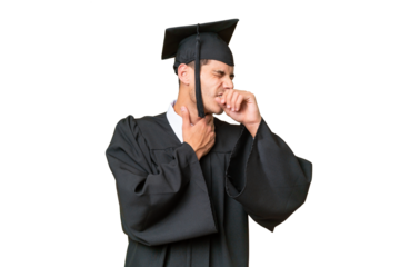 Young university graduate caucasian man over isolated background is suffering with cough and feeling bad