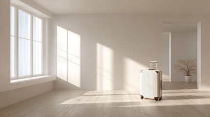 White Minimalist Room Interior With Sunlight and Suitcase.