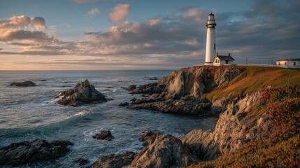 White Lighthouse on Rocky Coast at Sunset.