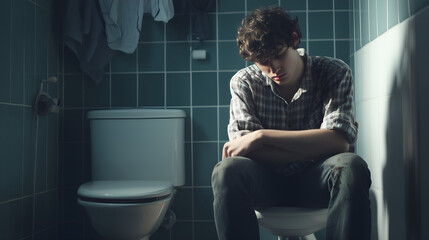 A sad young man sits on a toilet looking depressed and experiencing mental health problems in a dark bathroom