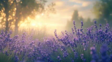 Fototapeta premium A field of lavender flowers blooming in a hazy landscape with soft sunlight shining through the trees