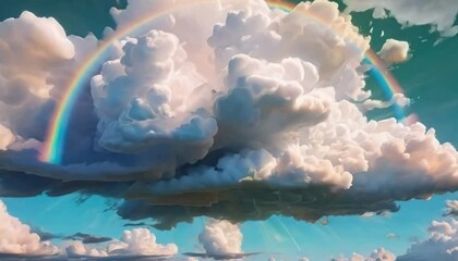 Fluffy clouds float beneath a stunning rainbow, the bright sun beams illuminate this breathtaking, whimsical sky background - Powered by Adobe