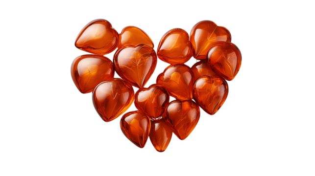 Orange heart shape formed by glass hearts on gray backdrop shows care and affection for Valentines or loving holidays transparent. - Powered by Adobe