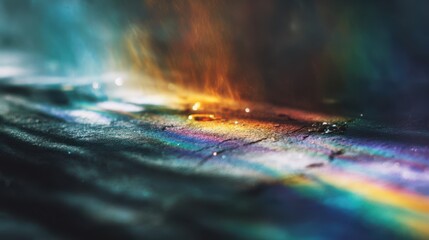 Ethereal rainbow crystal light leaks spill over a blurred abstract background, scattered dust and faded scratches for a moody visual effect.