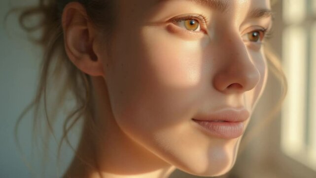 Close up portrait young woman sunlight skin.  Healthy skin glowing complexion natural beauty.  Perfect skin texture ideal for skincare video or advertisement.