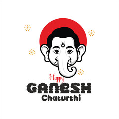 Happy Ganesh Chaturthi featuring the Hindu deity Ganesha, depicted with a large head, elephant ears, and a trunk. He is seated in a lotus position, Festival of India