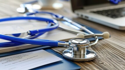 Stethoscope resting on medical files and a laptop suggesting healthcare professionalism and digital medicine practice.