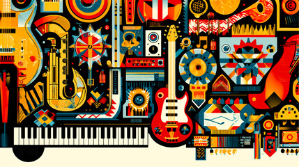 abstract vector background featuring music instruments like guitar, MPC, microphone, and DJ turntables