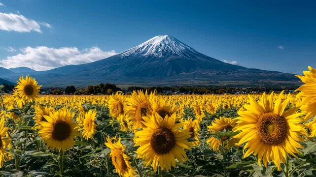 ひまわり越しに望む夏の富士山