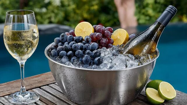 Refreshing poolside scenes with chilled champagne and fresh fruits. Albari&ntilde;o Day