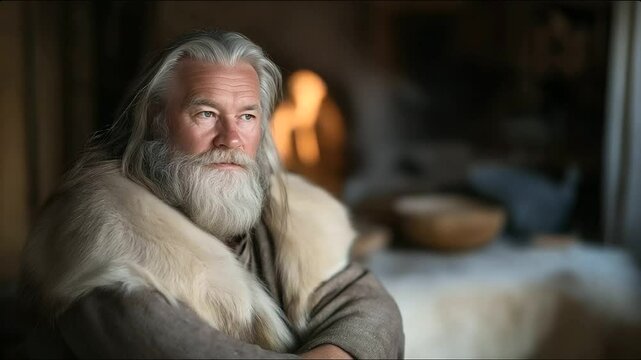 Elderly Viking storyteller sharing tales by the firelight