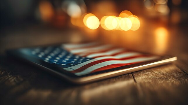 A Patriotic display of the American flag reflected on a modern tablet embodying freedom honor and technology with warm