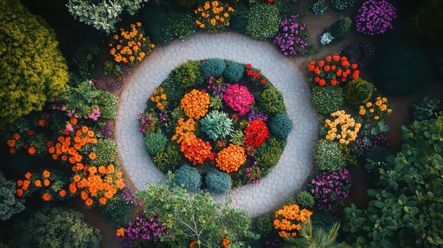 Aerial view of a circular garden with flowers and a stone pathway in a symmetrical design pattern
