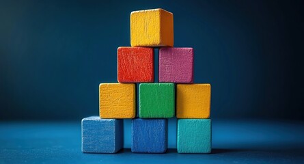 Crayoncolored toy blocks forming wobbly tower