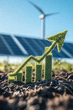 Eco growth bars rising with arrow, solar panels and wind turbines in background, clear sky