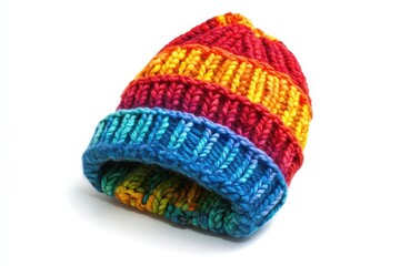 Multicolored knitted beanie hat with rainbow stripes.