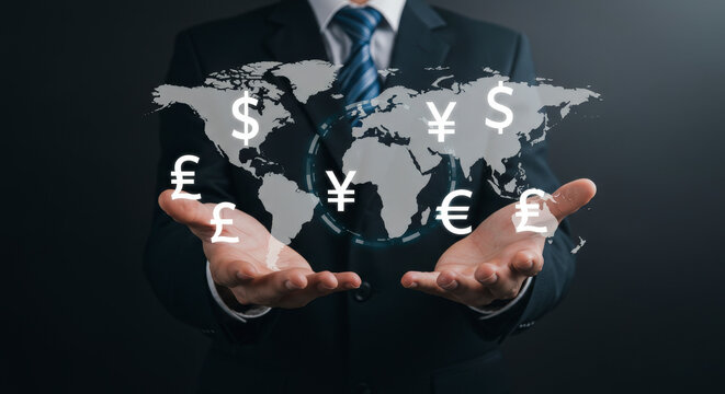 Businessman Holding Digital World Map with Currency Symbols in Dark Studio Setting Global Finance International Trade and Investment Strategy