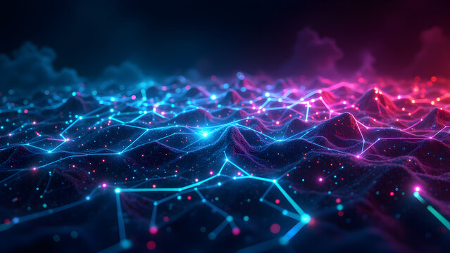 Glowing network connections. Geometric data visualization. Abstract digital landscape. Futuristic technology. Data flow.