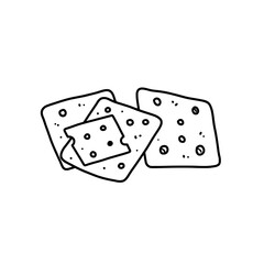 Crackers and Cheese: Simple line art illustration of three square crackers with a slice of cheese on top, perfect for food blogs, recipe websites, and packaging.