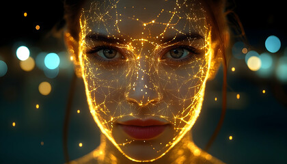 Glowing Golden Network Overlaying a Woman's Face with Bokeh Back