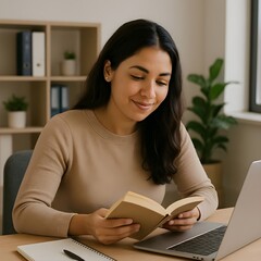 Una mujer hispana vestida de forma casual está sentada en su escritorio en la oficina, leyendo un libro con una sonrisa tranquila. Sobre el escritorio hay una computadora portátil y una libreta. La of