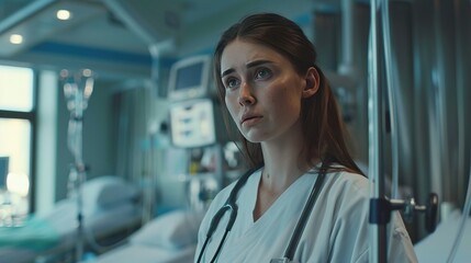 Fototapeta premium Weary doctor in a hospital setting looking forlorn with a stethoscope around her neck conveying stress and concern in healthcare.