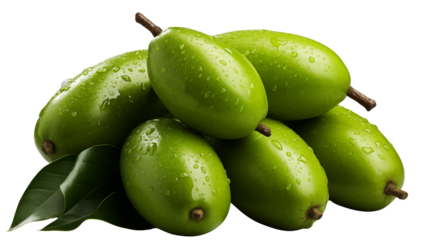 Pile of fresh ambarella fruits, also known as June plum, with water droplets highlighting their bright green color and textured skin transparent.