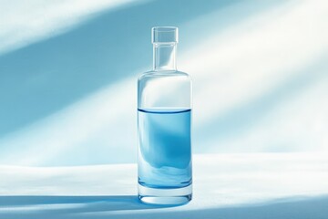 Light-filled, light-blue glass bottle.