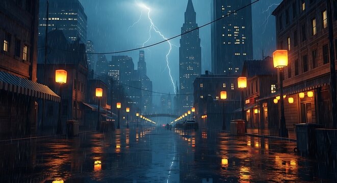 City street during a thunderstorm with lightning illuminating the wet pavement and buildings creating a dramatic and atmospheric urban scene - Powered by Adobe