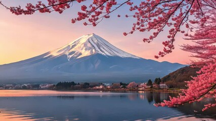 Snow capped mount fuji with cherry blossoms and lake kawaguchiko at sunset in japan scenery view - Powered by Adobe